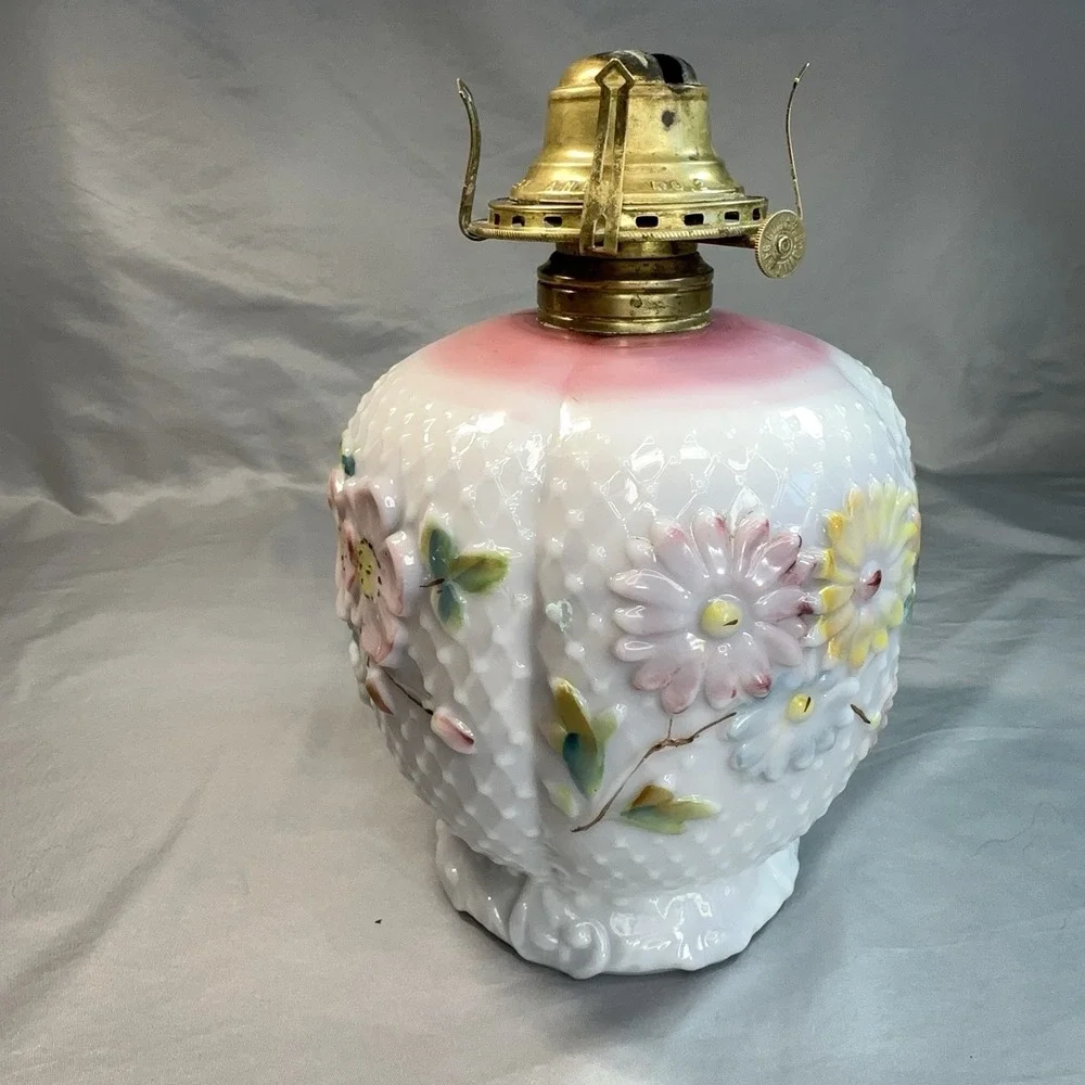 Antique Oil Lamp Base Consolidated Glass Florette Pink Blush Bulging Petal